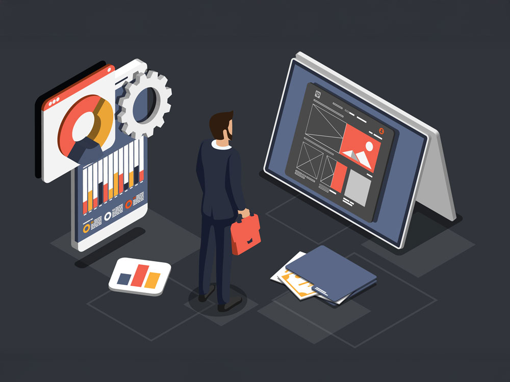 ERP-Integration-and-Supply-Chain-Dashboard Businessman viewing ERP software integration dashboard with analytics and settings interface