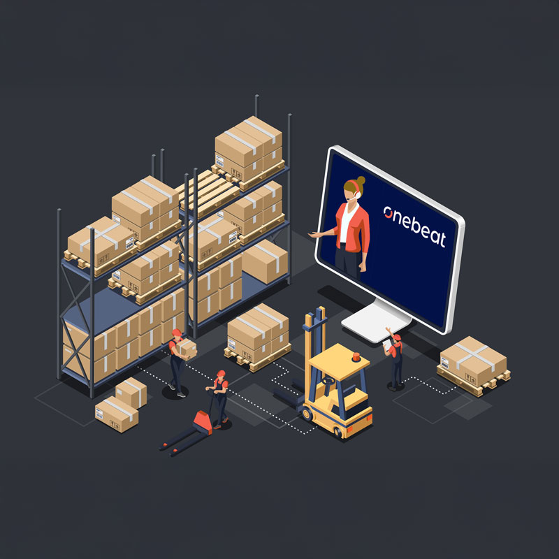 Factory-Inventory-Optimization-with-Onebeat Factory team managing inventory with forklift and boxes under guidance from Onebeat software system