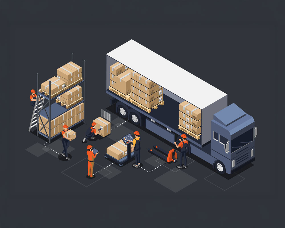 IInventory Distribution Optimization Workers loading and managing inventory for distribution on a logistics truck